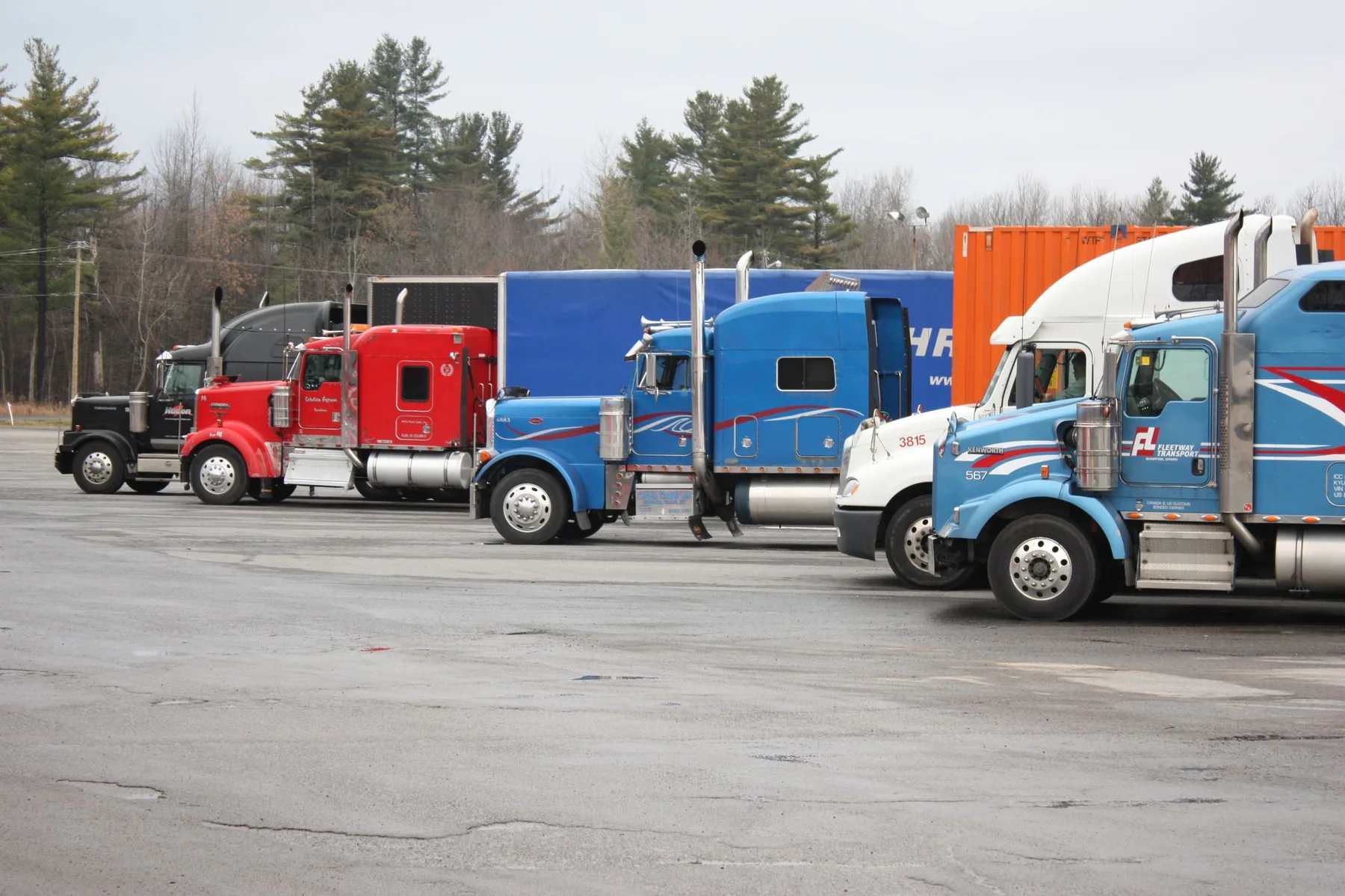 Colorful conventional semi-trucks parked in a spacious paved lot.